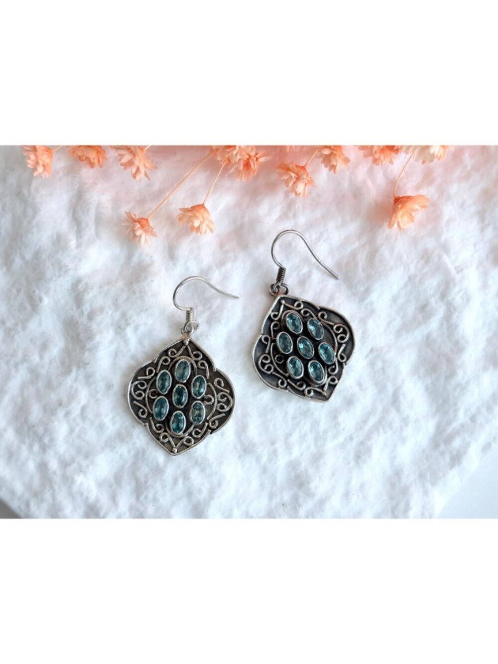 Blue Topaz Gemstone Oval Balinese Inspired Sterling Silver Vintage 925 Earrings - Picture 13 of 14